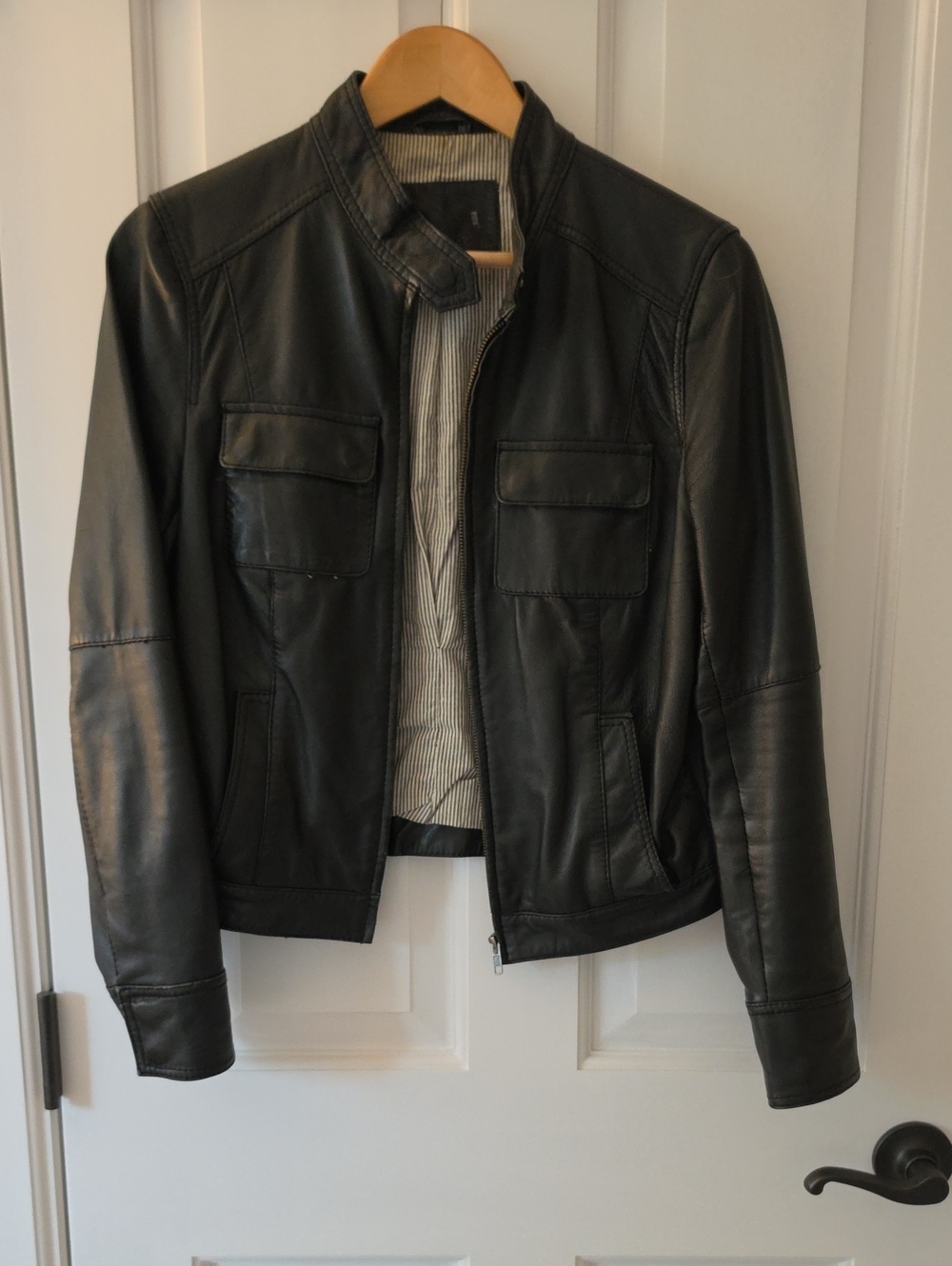 Members Only Women's Zip Up Leather Jacket with Stand Collar